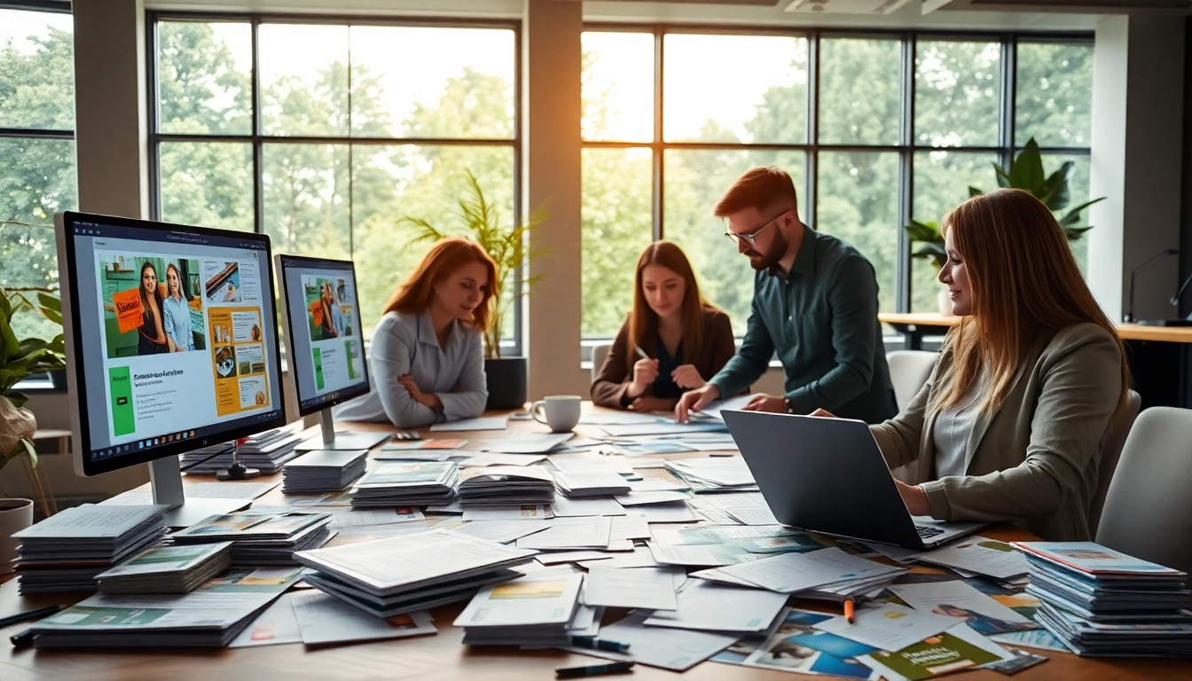 Atlas Direct Mail team collaborates on a vibrant marketing campaign in a bright office setting.