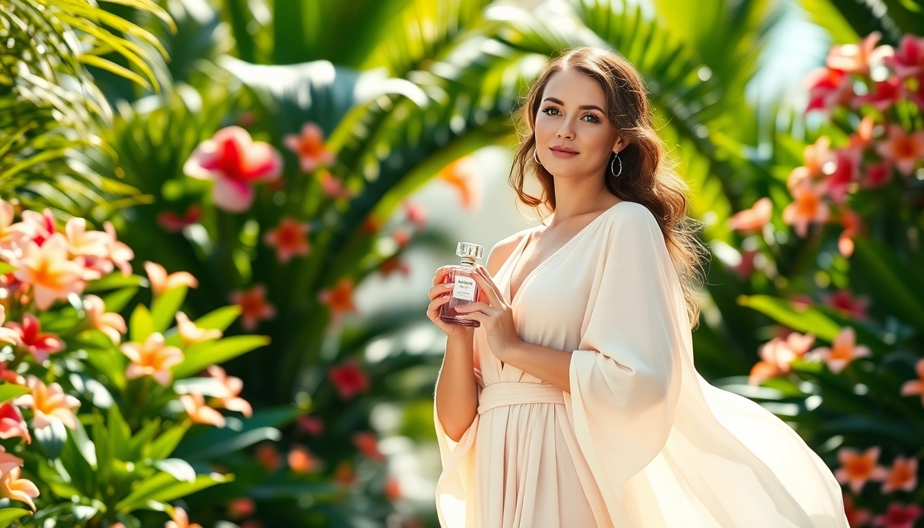 Model showcasing Olympea fragrance in a lush garden, radiating confidence and femininity.