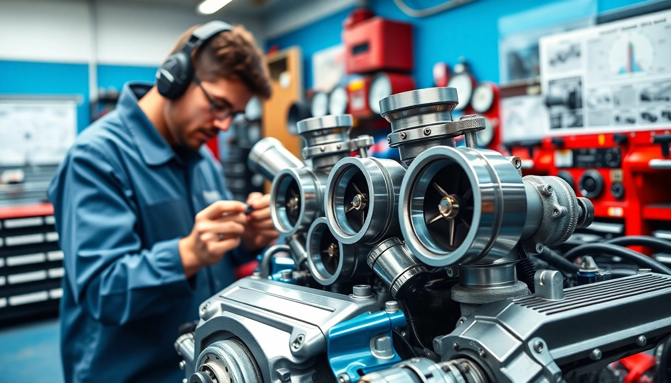 Mechanic installing Turbosmart turbochargers on a high-performance engine, showcasing precise craftsmanship.