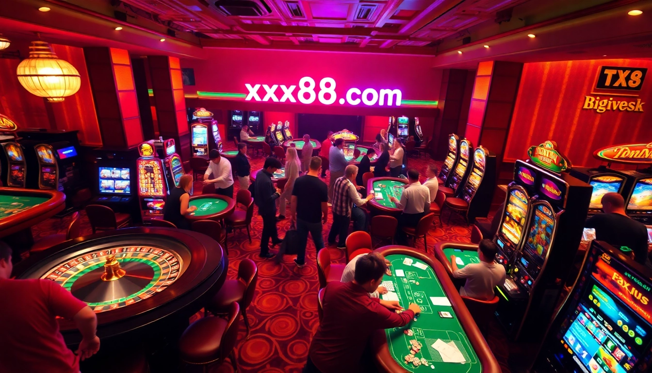 Experience thrilling gameplay with xx88 com's vibrant casino atmosphere, featuring dynamic slot machines and intense poker action.