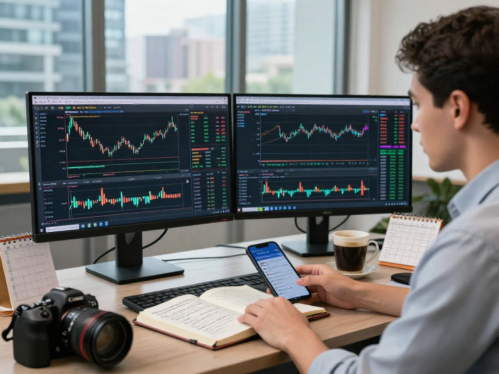 Trader analyzing the market with metatrader 5 on dual monitors, showcasing dynamic charts and automated trading scripts.