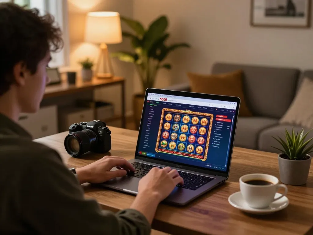 Person enjoying SC88 online casino gaming on a laptop in a cozy home office.