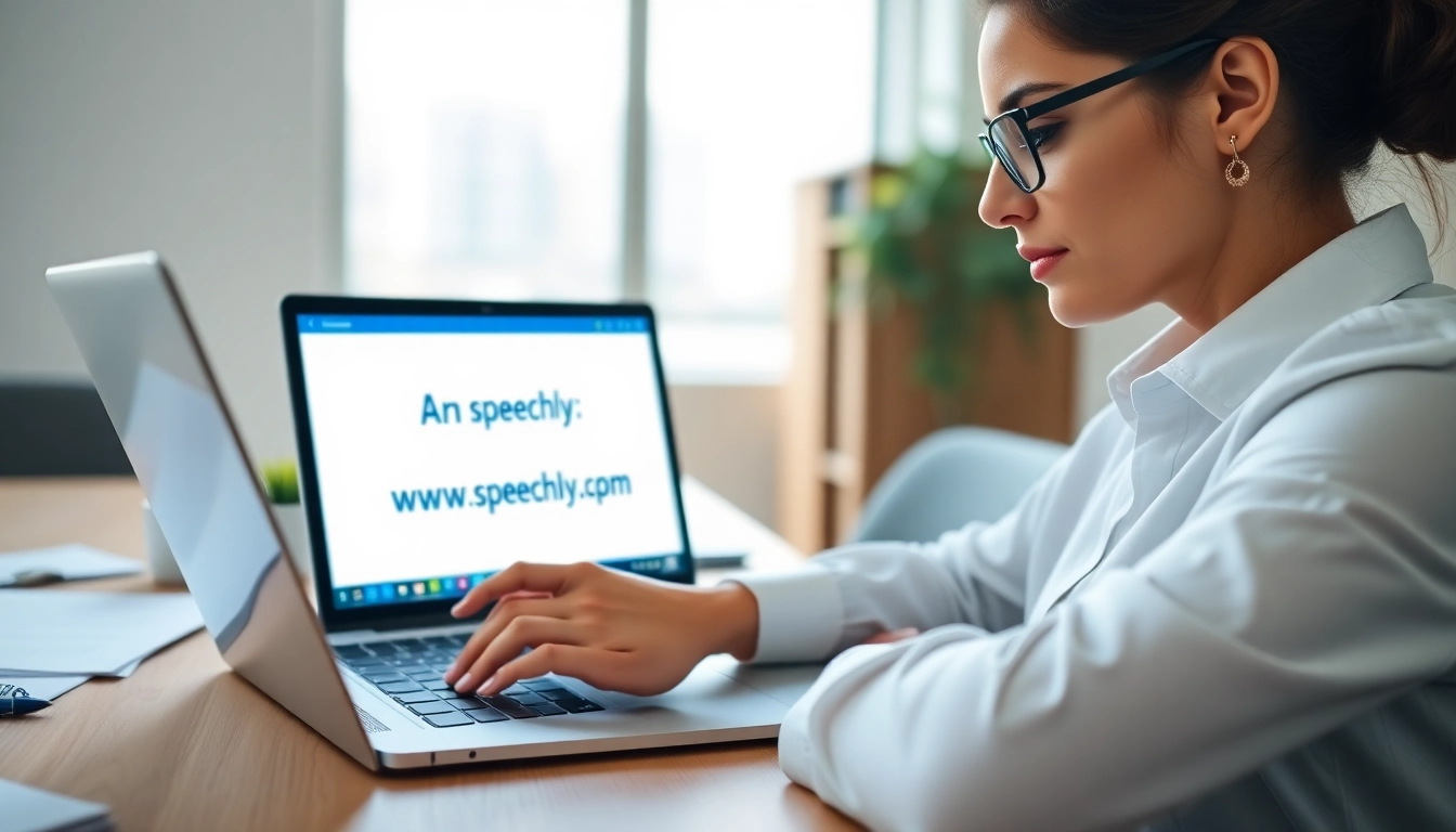 Engaged user leveraging https://www.speechlyapp.com on a laptop amidst a bright office setting.