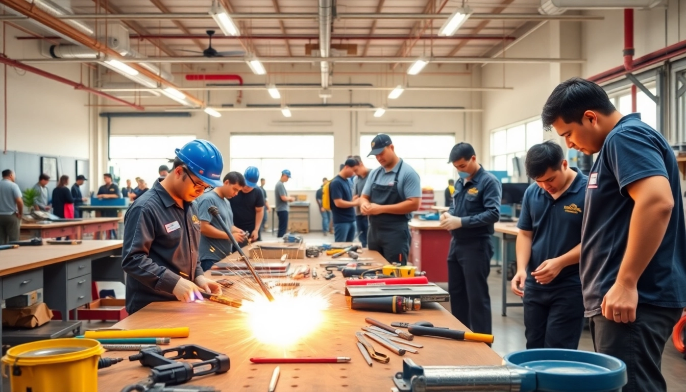 Students at trade schools Oahu engaging in hands-on training in a vibrant workshop environment.
