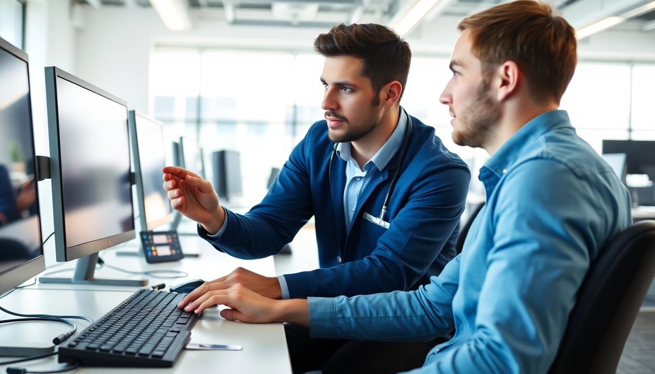 Get expert computer help near me with a technician assisting a client in a modern office.