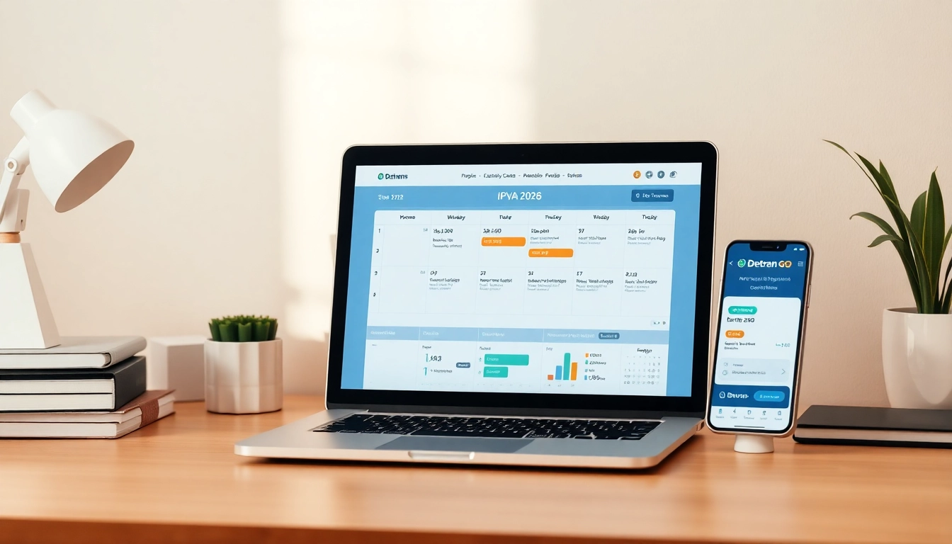 Digital calendar for IPVA 2026 on a modern desk with Detran GO resources.