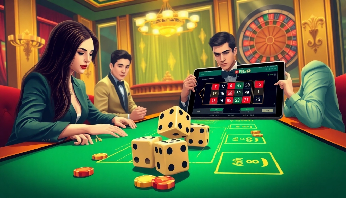 Tài xỉu md5 players excitedly betting at a luxurious casino table with dice.