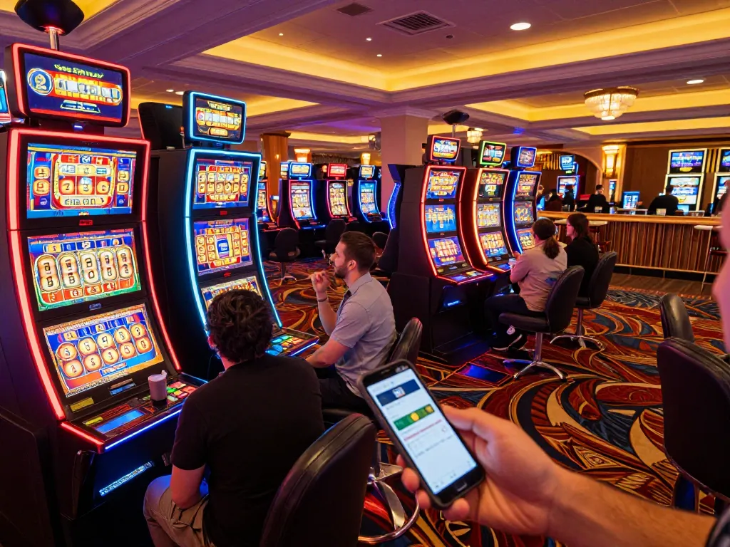 Players enjoying colorful slot machines while using top quality widgets for in-game strategies