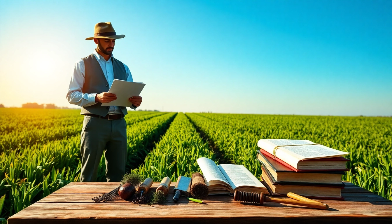 Explore agriculture law with a farmer reviewing legal documents in a vibrant field setting.