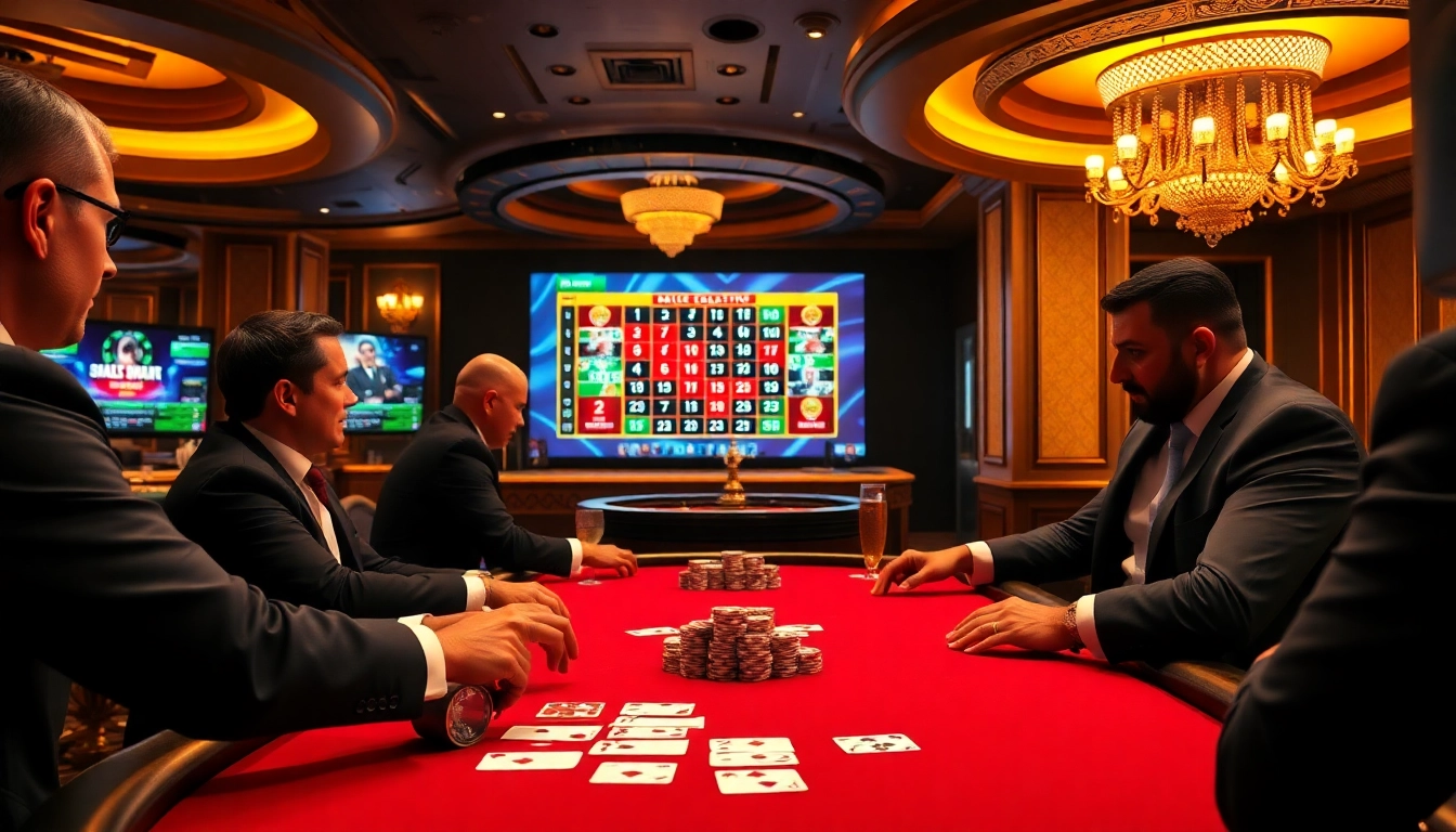 Joueurs enthousiastes profitant d'une partie de poker au meilleur casino en ligne avec des jetons et des cartes colorés.