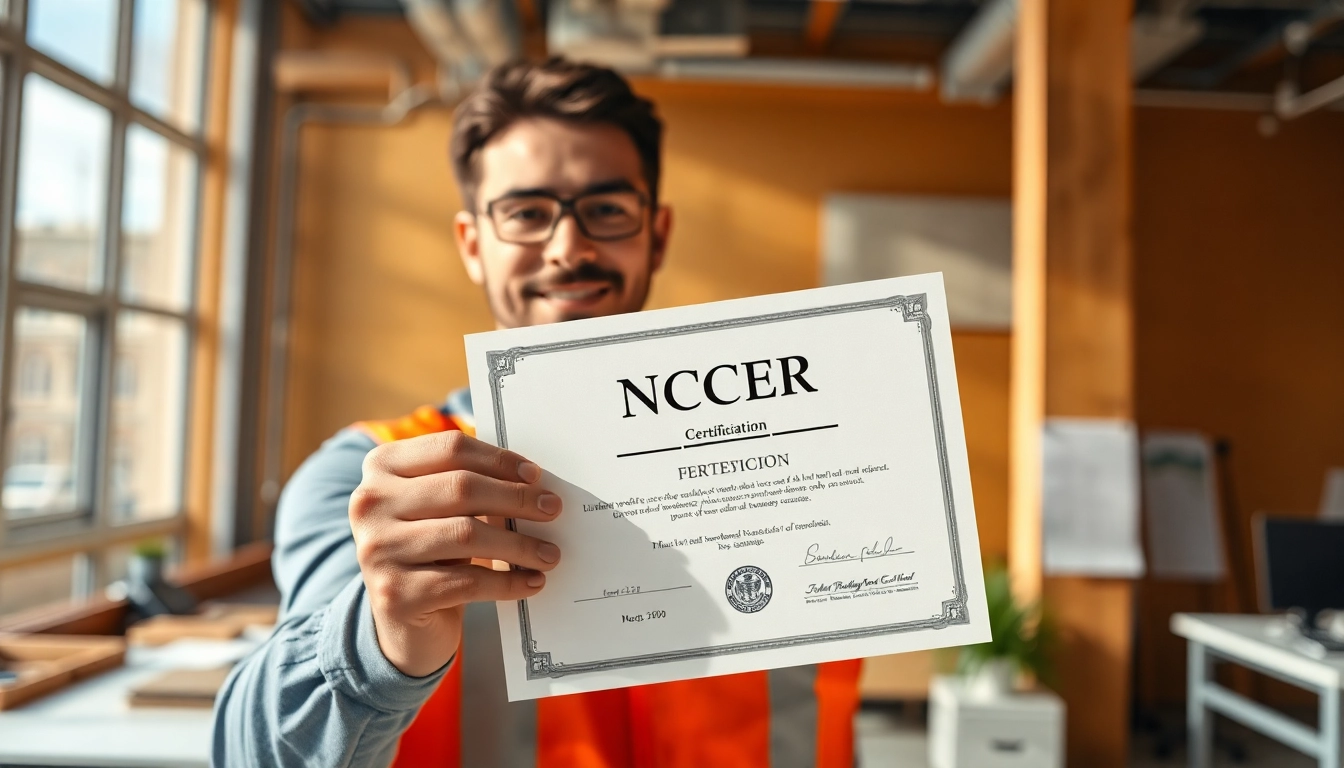 Showcase of a NCCER certification held by a proud technician in a bright office.