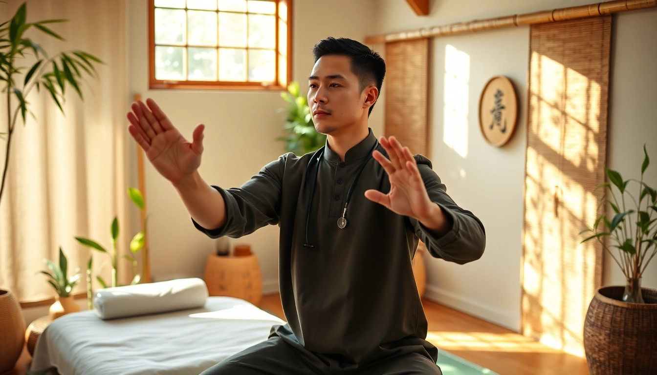 Mengilustrasikan Akupunktur dengan Qi Qong melalui teknik Qigong dalam suasana terapi yang tenang.