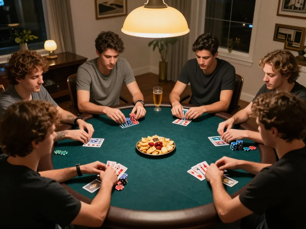 Engaging poker night scene with friends enjoying a game while strategizing their bets on vt888 platform.