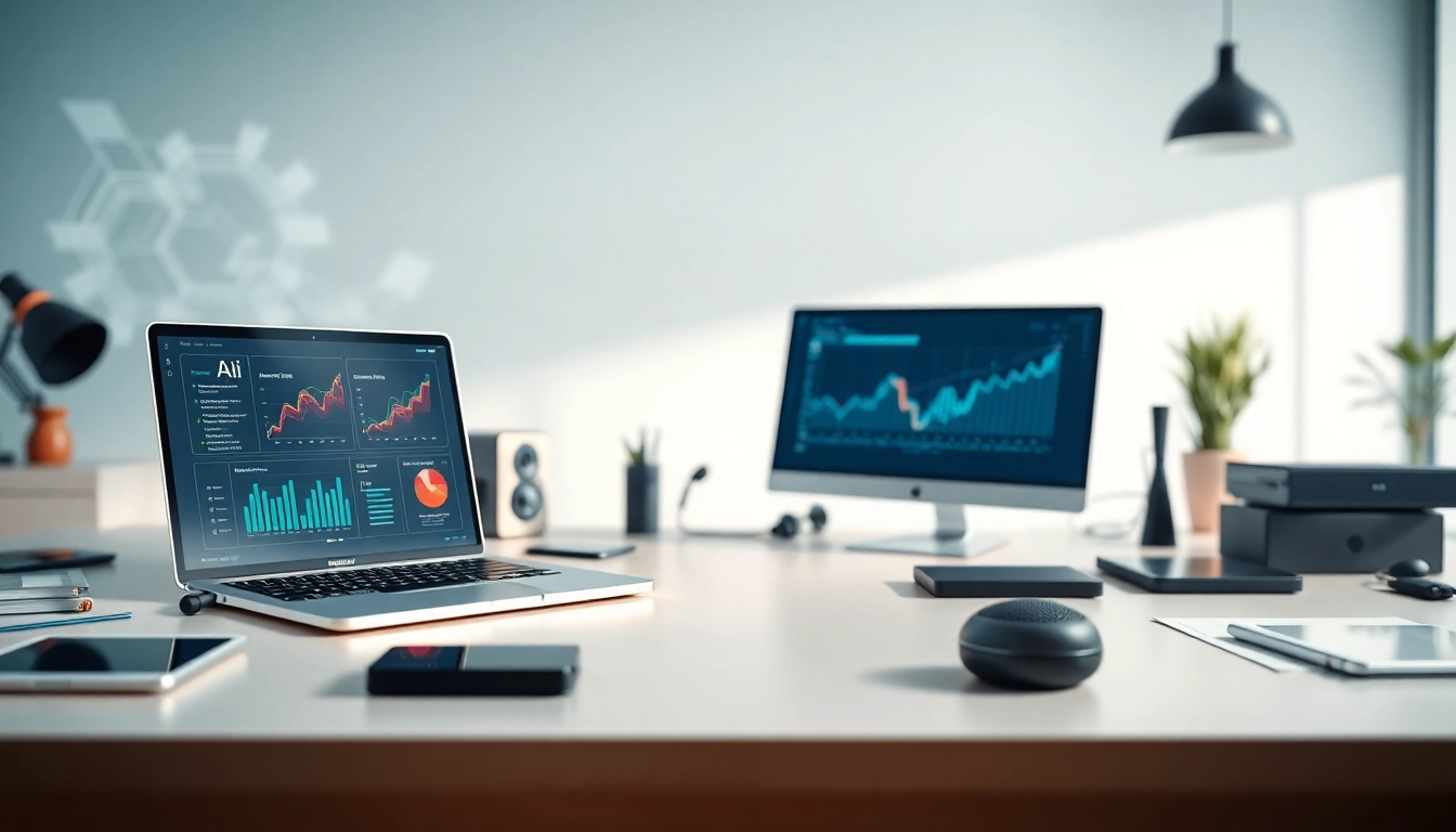 Showcase of ai tools on a modern desk illuminating creativity and efficiency.