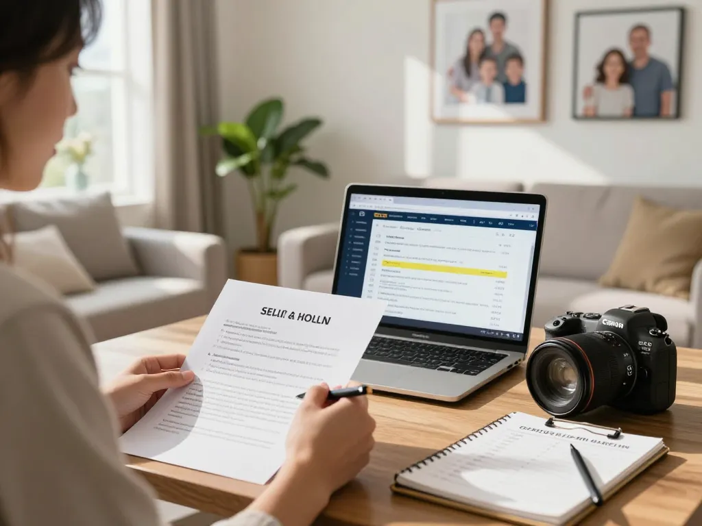 Homeowner preparing to sell house without repairs, reviewing documents in a warm living space.