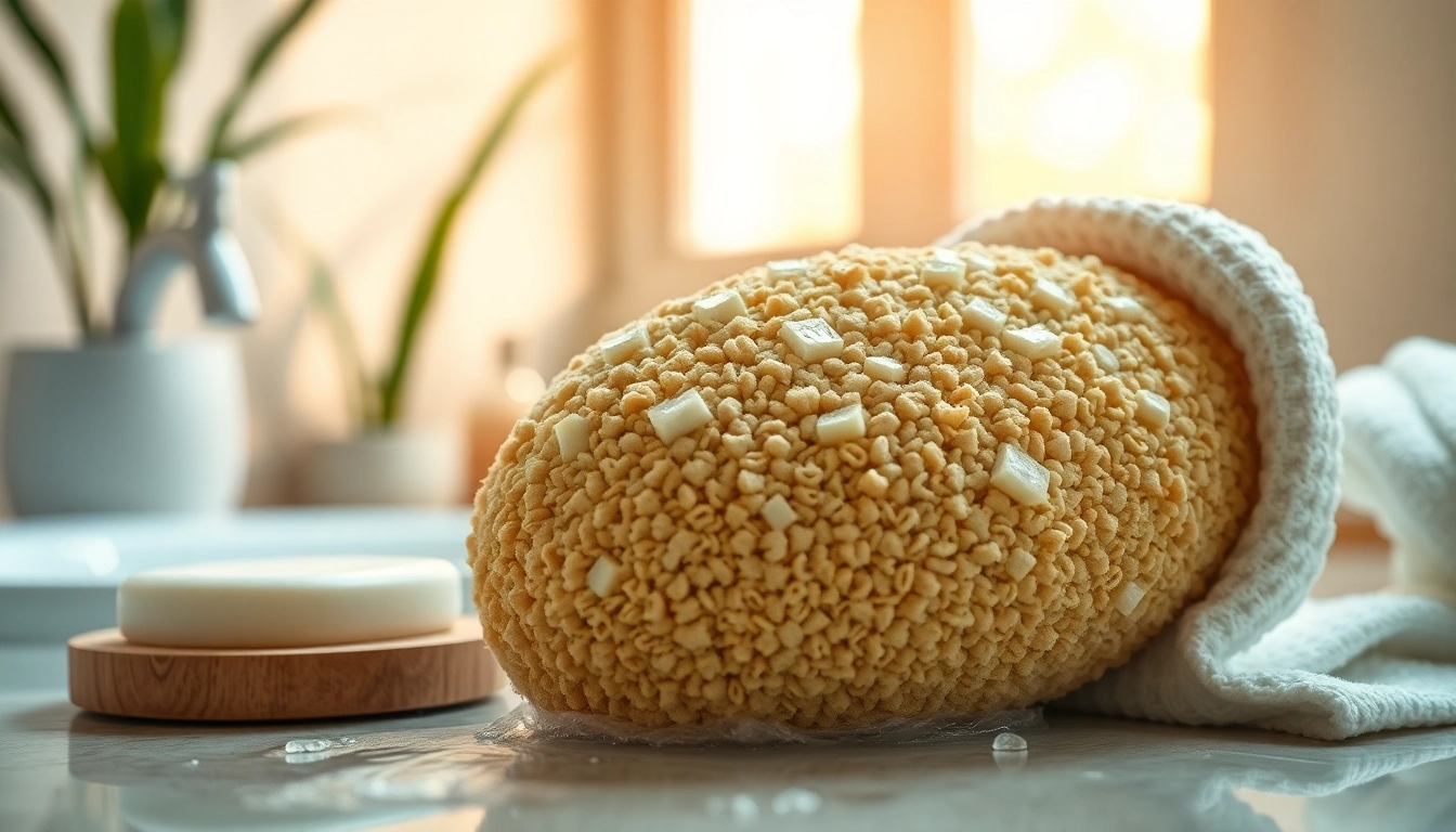 Illustration showing how to clean a loofah effectively, featuring a fresh loofah and cleaning supplies.