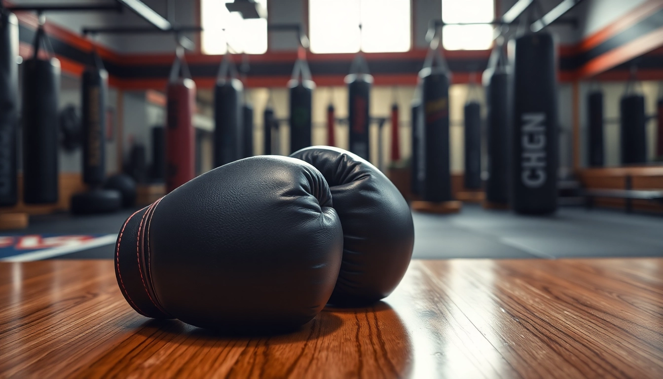 MMA gloves with detailed stitching showcased in a gym environment with training equipment.