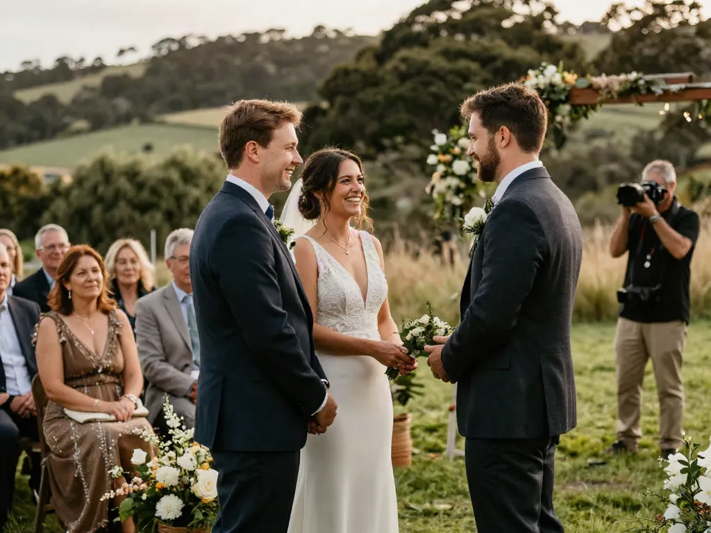 Documentary wedding photographer in Dunedin capturing a couple's genuine vow exchange in a scenic outdoor setting.