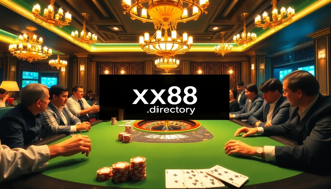 Exciting poker game at xx88.directory casino with players and a spinning roulette wheel.