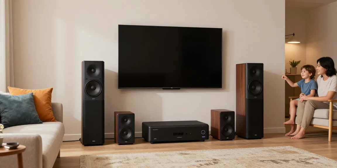 Vision Speaker Price showcased in a modern living room with family enjoying music, featuring various Vision sound systems.