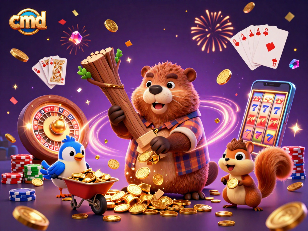 cmd the animated beaver collects golden coins in a vibrant casino scene filled with excitement