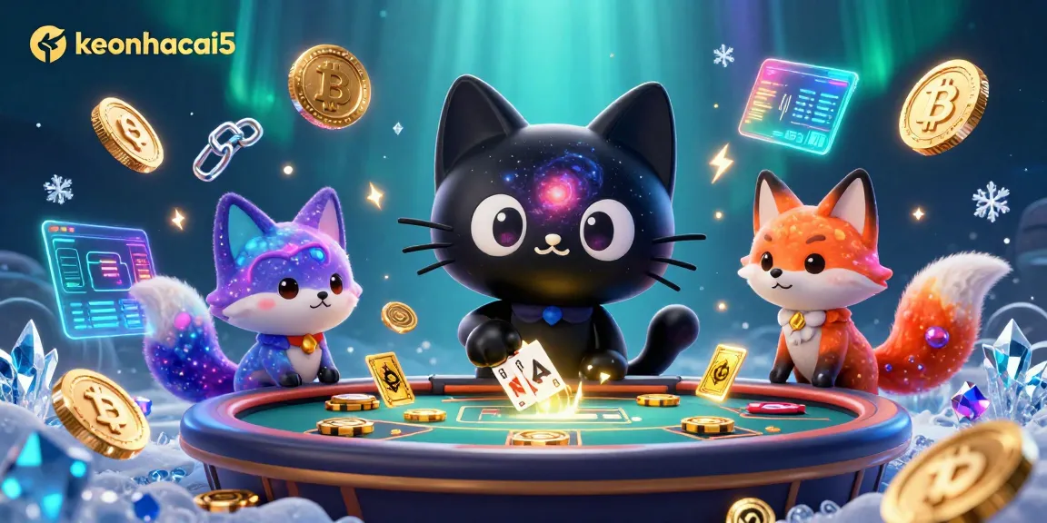 Experience the excitement of keonhacai5 with a cosmic cat and colorful fox in a thrilling digital casino.