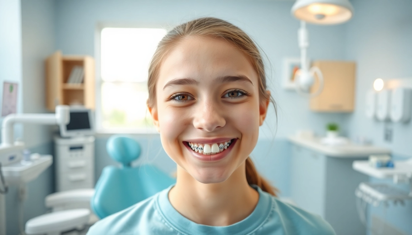 Teen with metal braces for teens Hawthorn smiling brightly in a dental office.