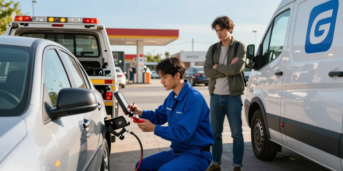 Quick response for wrong fuel in car service with technician and vehicle at fuel station