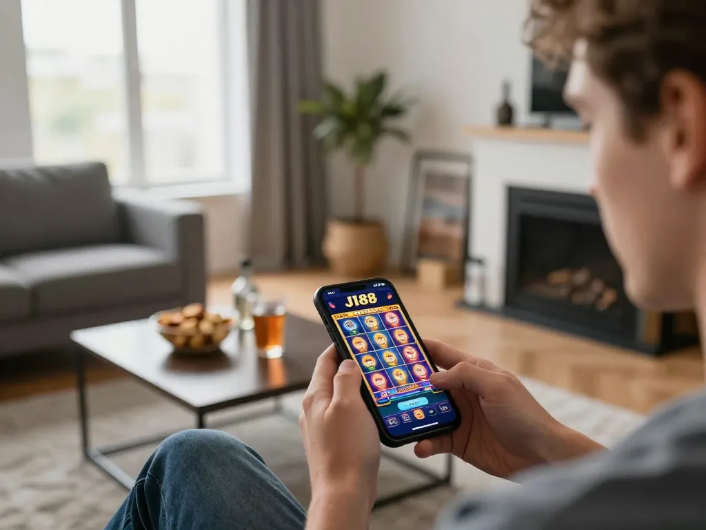 Player interacting with J188 mobile app for immersive gambling experience on smartphone