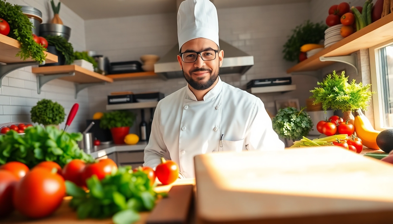 View of a chef working in the kitchen, showcasing dishfacts.com vibrant ingredients and lively cooking atmosphere.