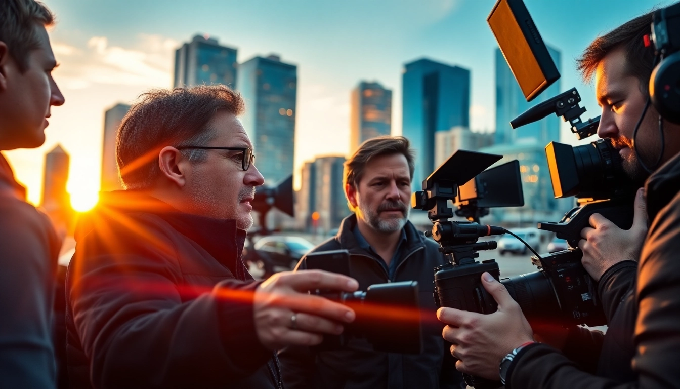 Engaging scene of edmonton production companies collaborating on a film project in a vibrant urban environment