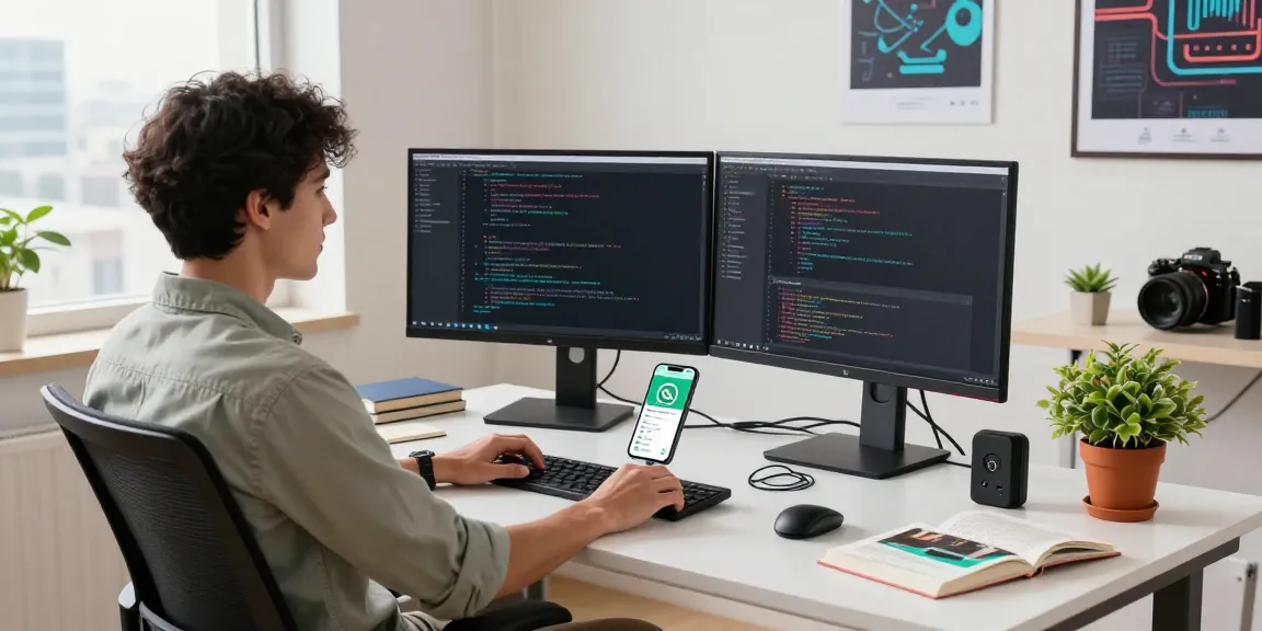 Seamless workspace capturing WhatsApp下載 app development with coding and creative elements.