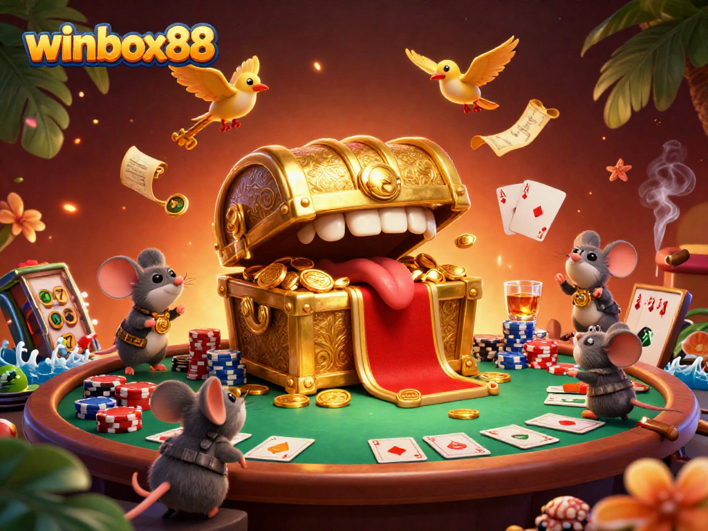 Engage with winbox88's vibrant casino games featuring dynamic poker elements and a treasure chest theme.