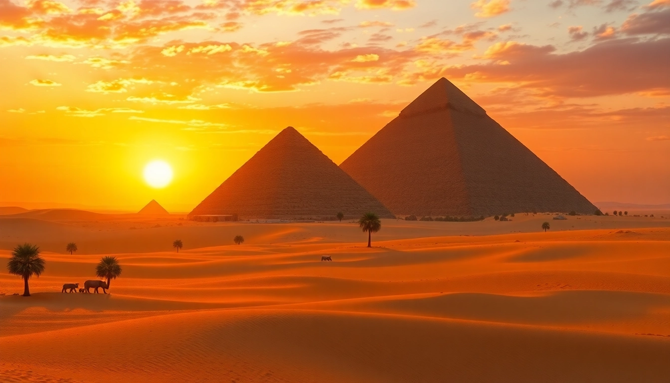 Experience breathtaking views of the Pyramids of Giza from https://emegypt.net against a stunning sunset backdrop.