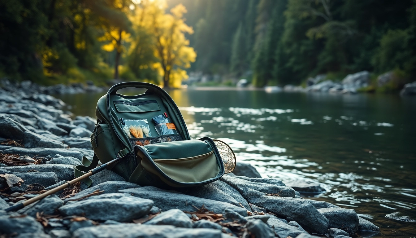 Explore a well-organized fly fishing backpack filled with gear beside a tranquil river.