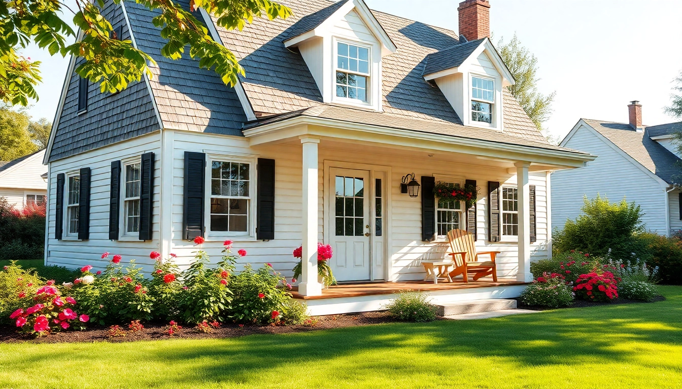 Beautiful cape cod home with charming design, vibrant garden, and welcoming porch.