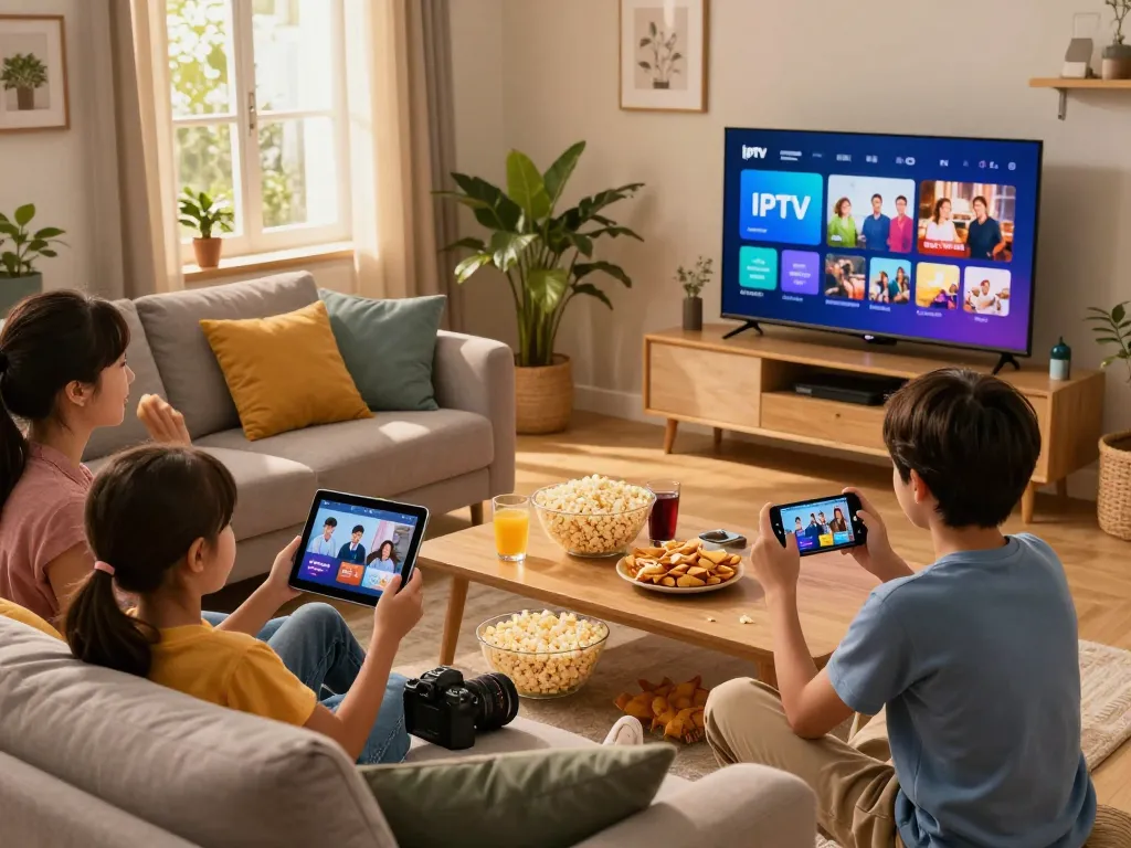 Gezin geniet van een gezellige woonkamer met apparaten die IPTV kopen streamen, en laat moderne thuisentertainment zien.