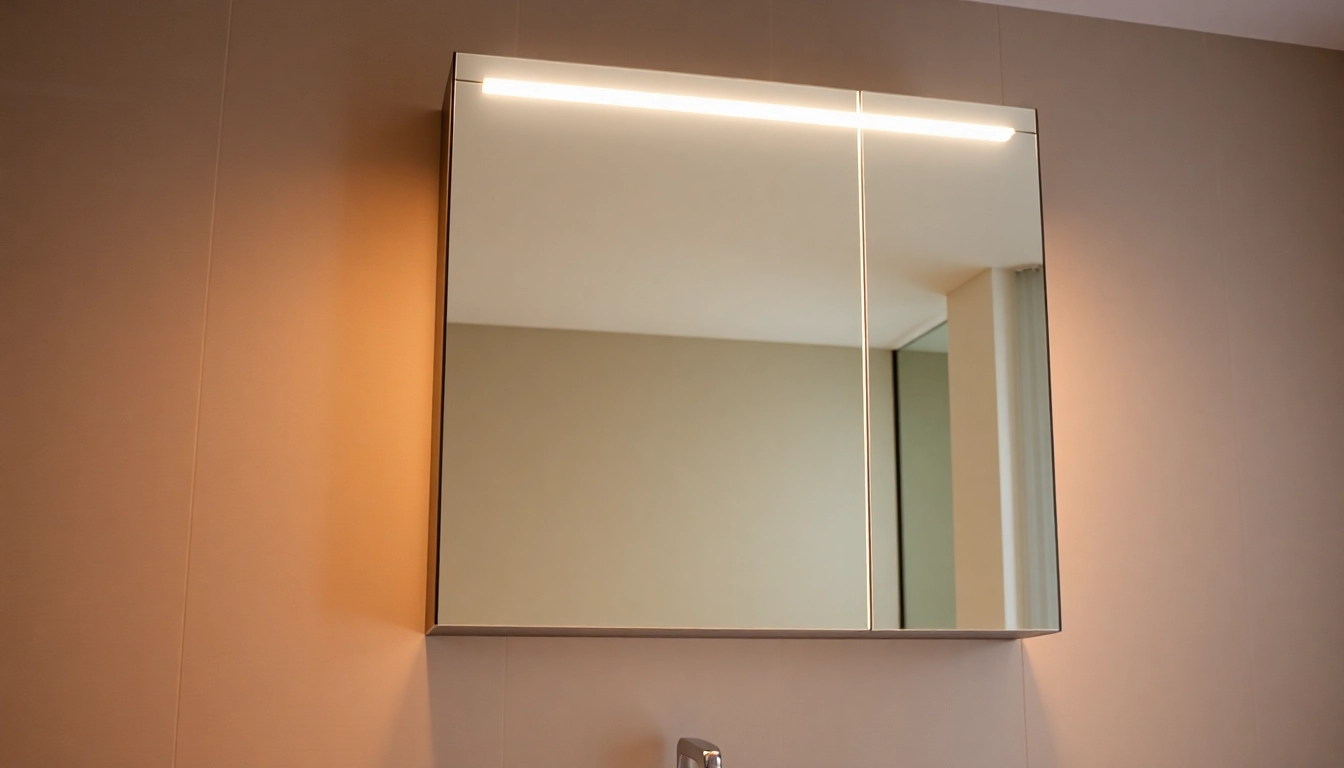 Praktischer Spiegelschrank mit LED Beleuchtung bietet modernes Design und Stauraum für Ihr Bad.
