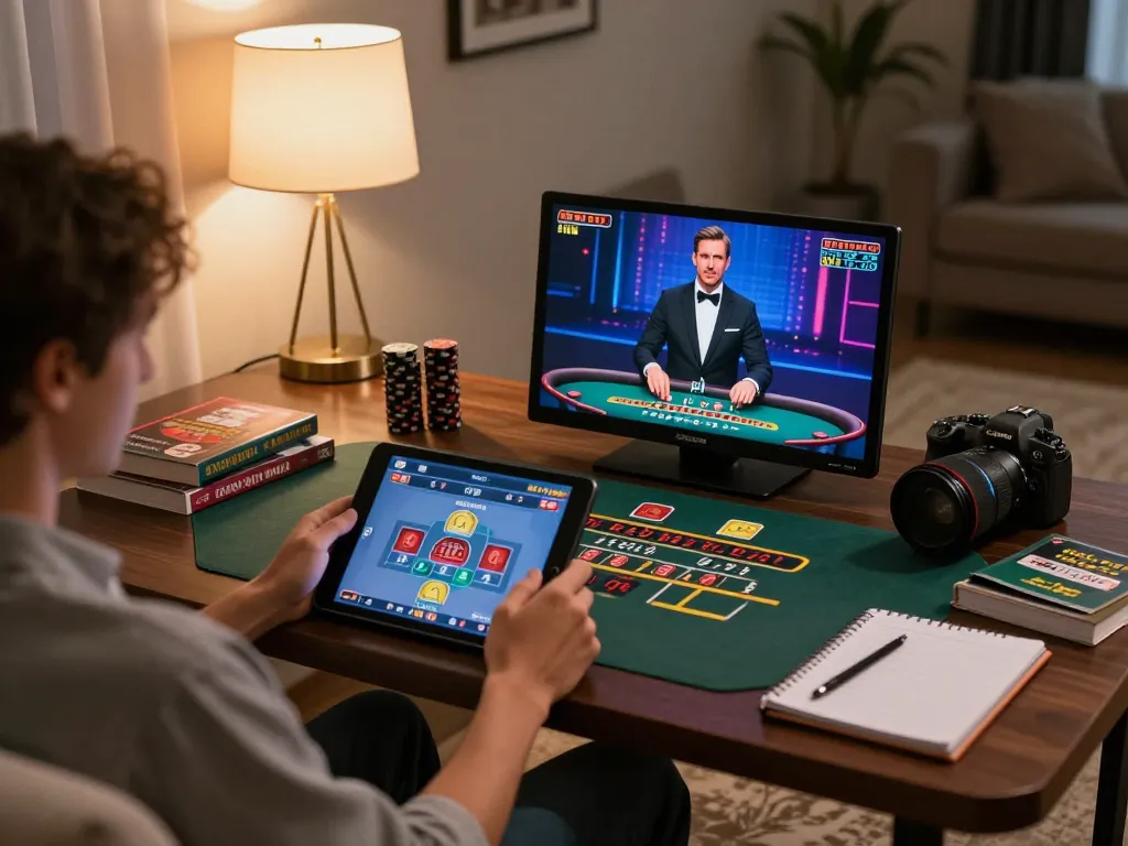 3Win player enjoying live dealer blackjack on a tablet in a cozy home setup