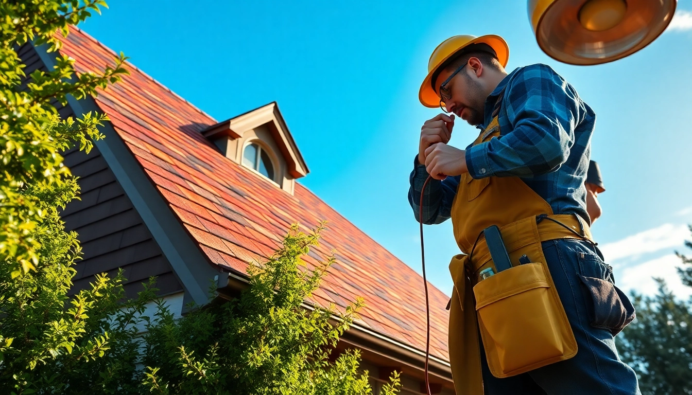 Roof repair professional inspecting shingles on a sunny day.