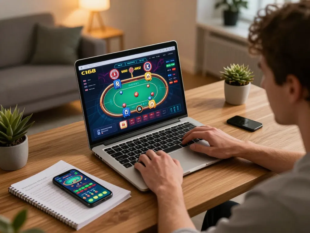 Engaging in c168 online poker gameplay at a cozy home office during evening hours
