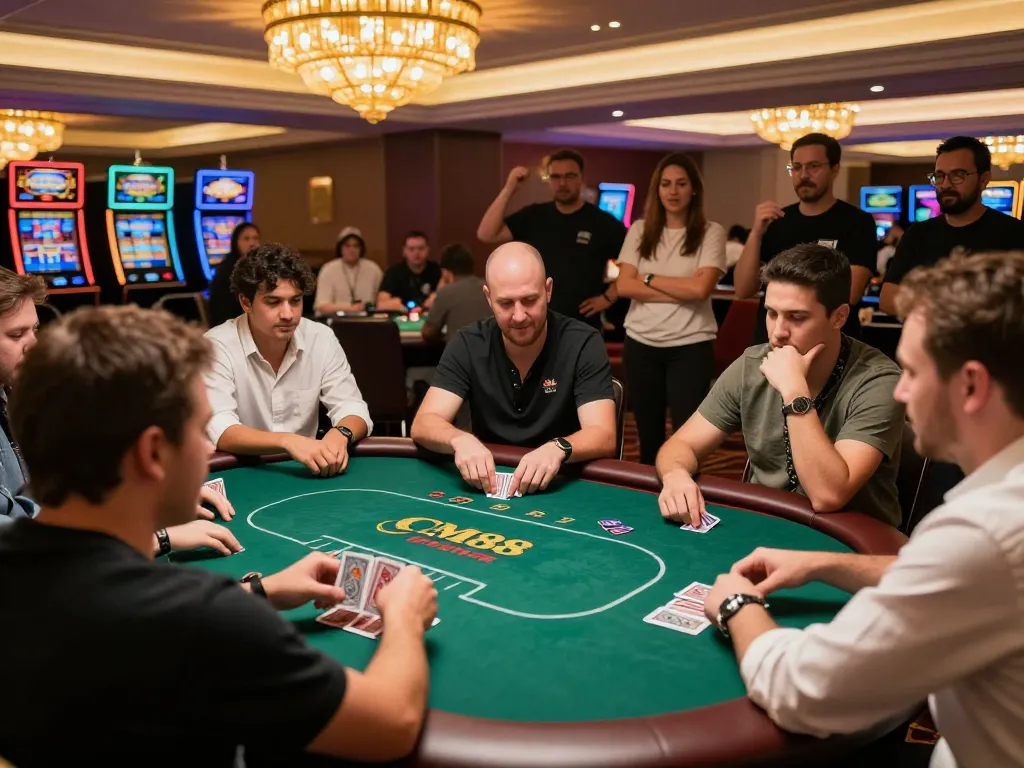 Players engaging in a thrilling poker game at CM88, focusing on strategy and excitement