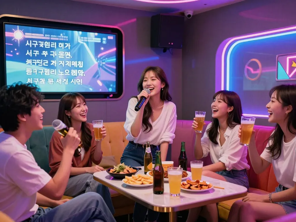 서구청쓰리노 노래방에서 다채로운 조명과 음료로 가득 찬 활기찬 밤을 즐기는 친구들.