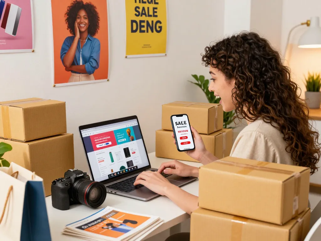 Excited shopper exploring online sales at https://hubet88.icu/ surrounded by packages and vibrant decor.