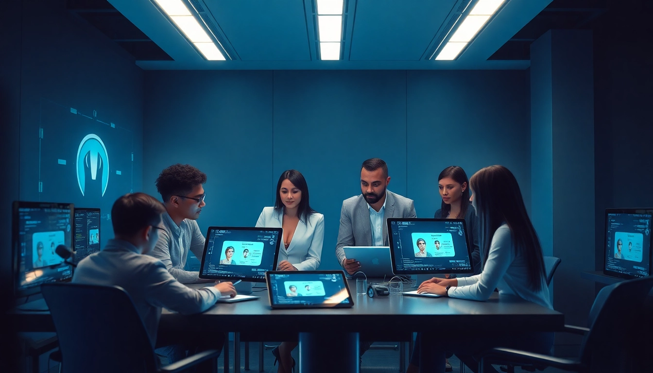 Futuristic workspace showcasing innovative porn AI technology and diverse individuals collaborating.