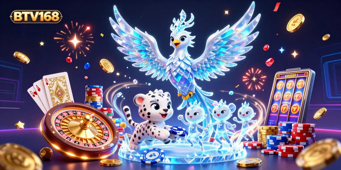 BTV168 players winning with vibrant casino elements in a 3D illustration featuring an ice phoenix and poker cub.