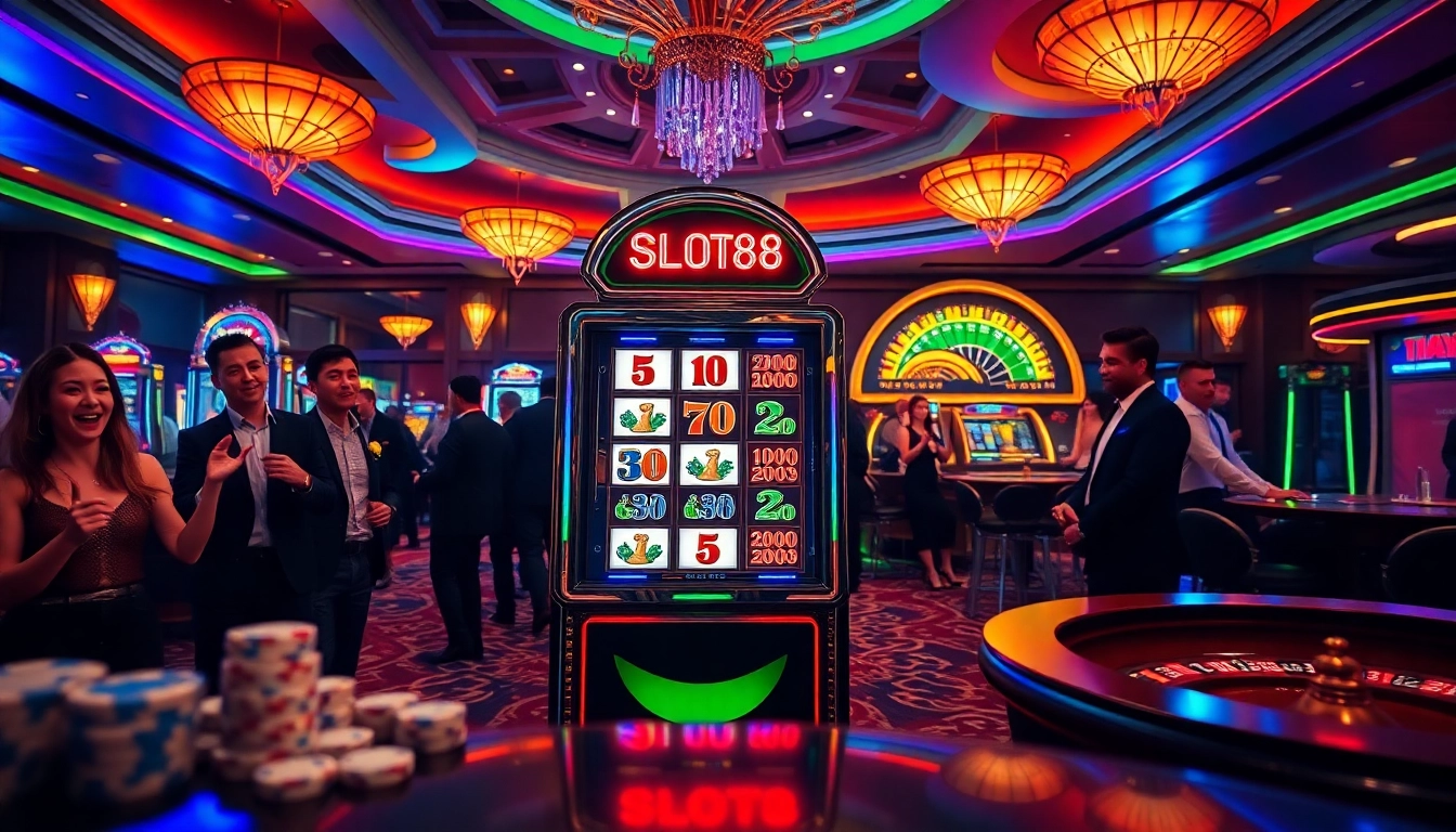 Engaged players enjoying the SLOT88 slot machine at a vibrant casino.