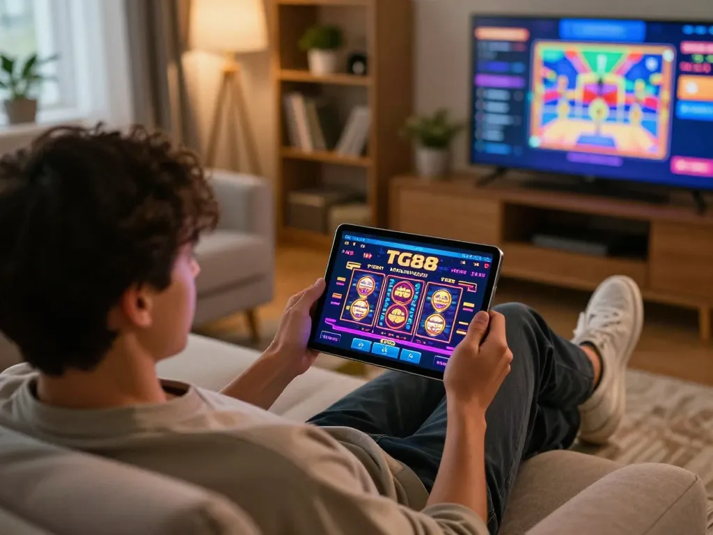 Engaged player using TG88 app on tablet for exciting online casino gaming experience.