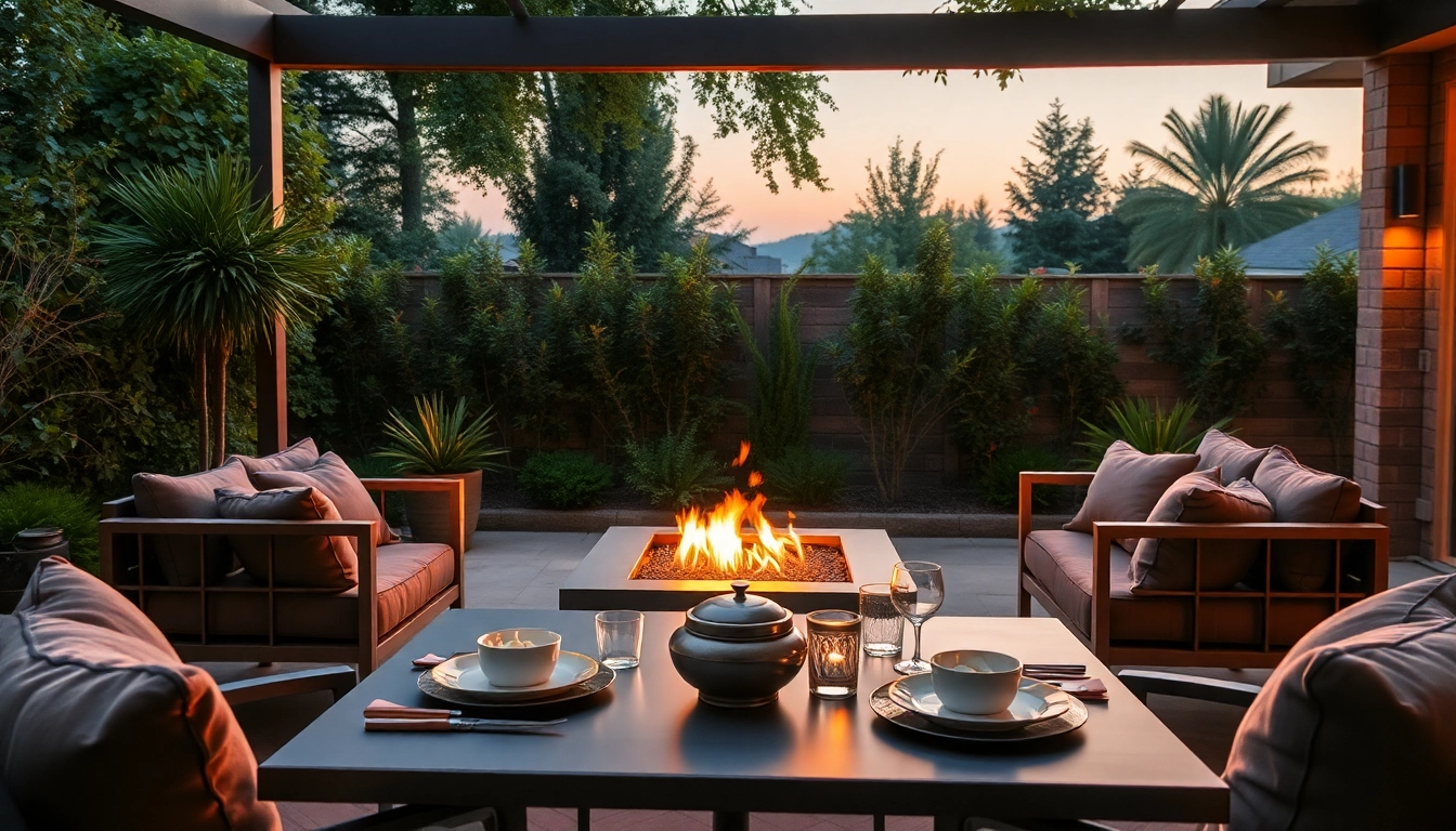 Beautifully arranged stainless steel furniture on a patio with lush greenery.