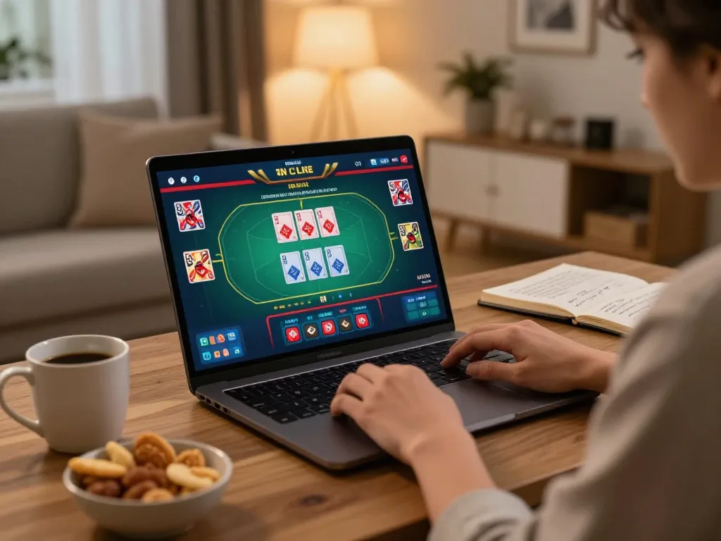 Player enjoying BK8 live casino game on laptop with cozy home setup.